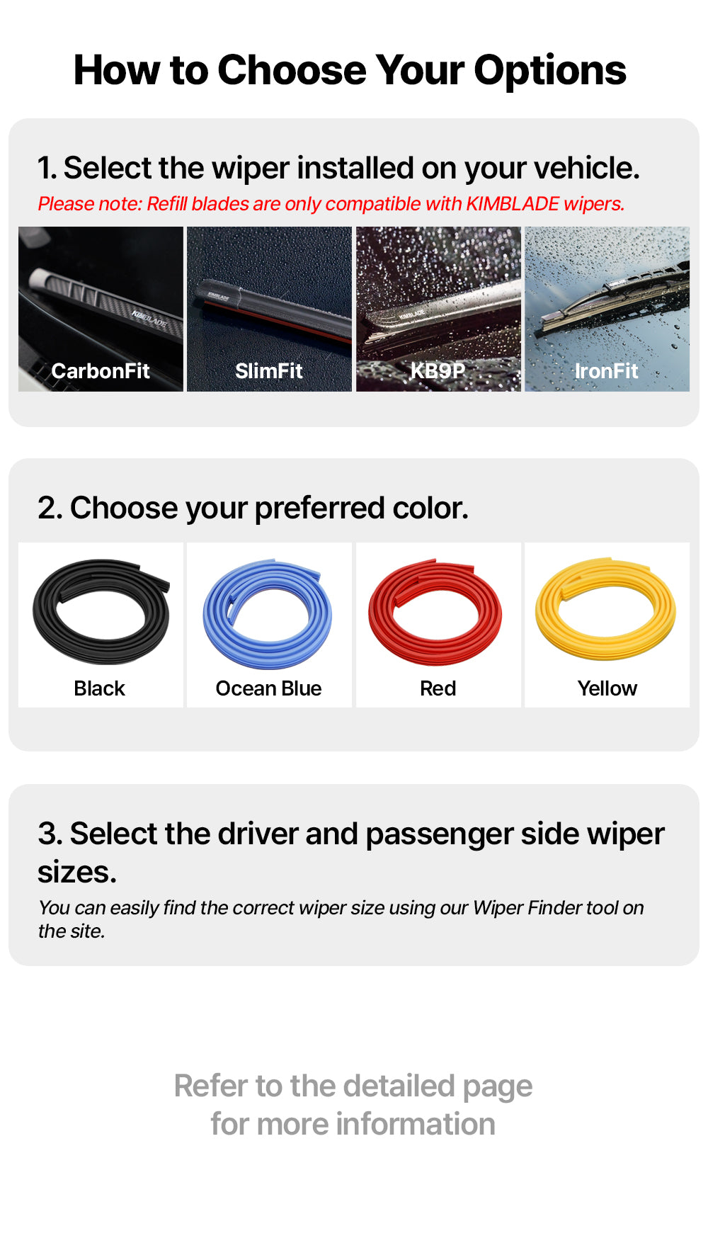 Guide to choosing KIMBLADE wiper refills Select the installed wiper choose from colors black blue red yellow and find the right driver and passenger sizes