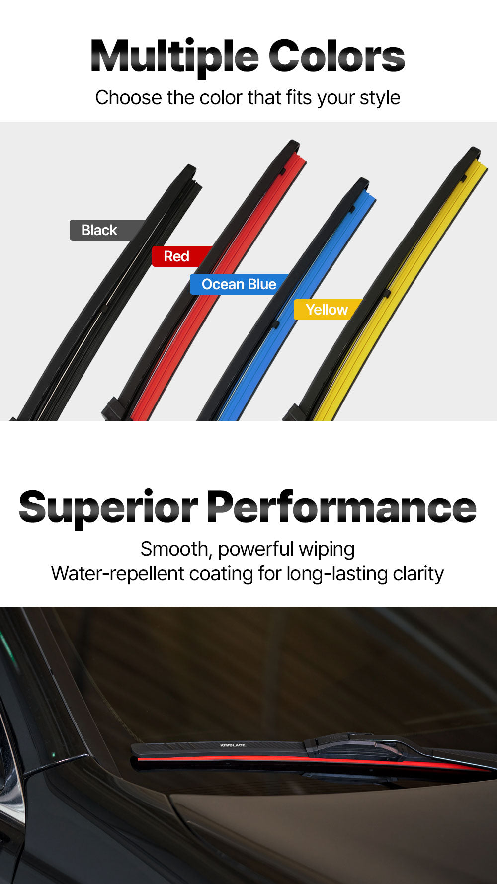 KIMBLADE wiper refills available in black red blue and yellow provide smooth powerful wiping with water-repellent coating for long-lasting visibility