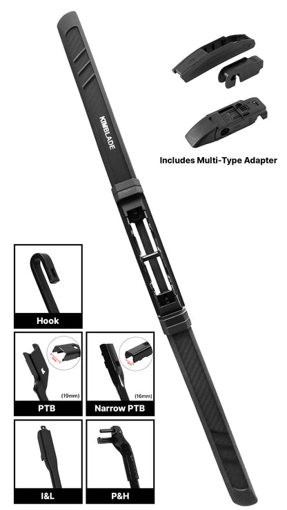 Kimblade wiper blade with multi-type adapter compatible with hook PTB narrow PTB IL and PH wiper arms providing versatile installation for various vehicle models