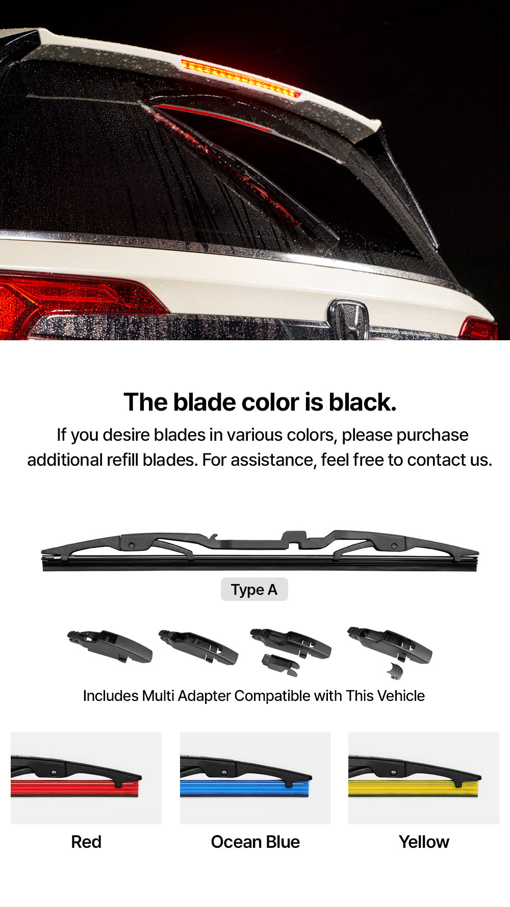 KIMBLADE rear wiper in black with multi adapter and refill options in red ocean blue and yellow designed for compatibility and optimal performance on various vehicles