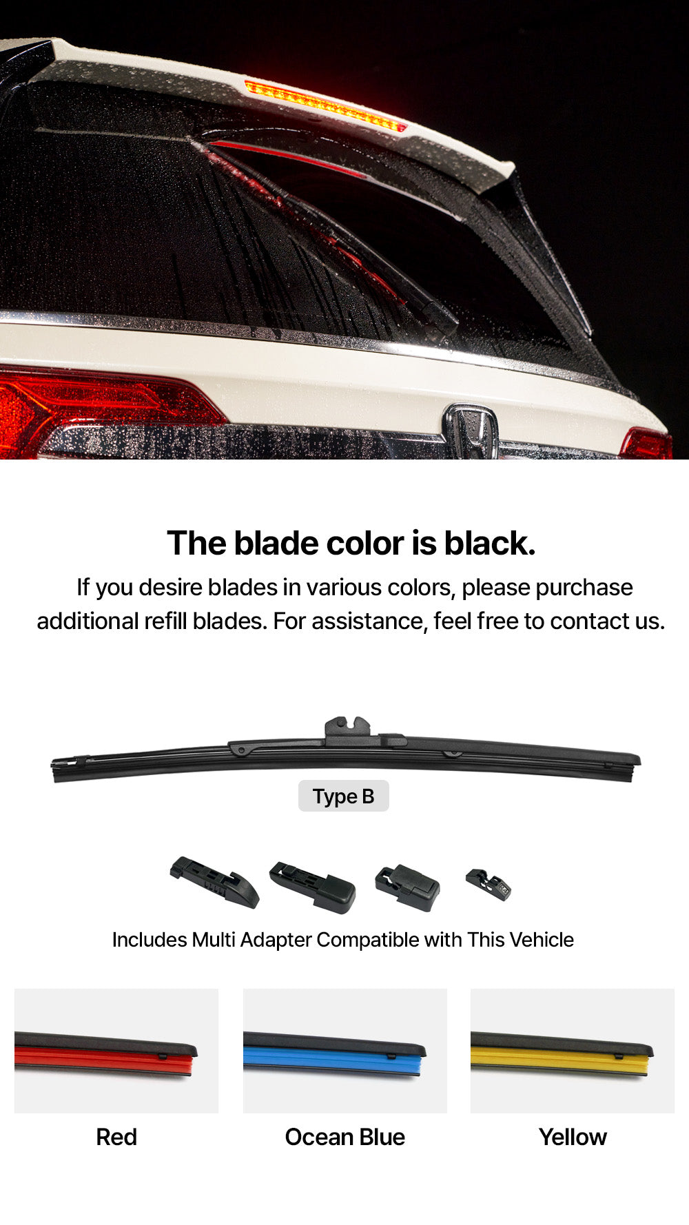 KIMBLADE rear wiper in black with multi adapter and refill options in red ocean blue and yellow designed for compatibility and optimal performance on various vehicles