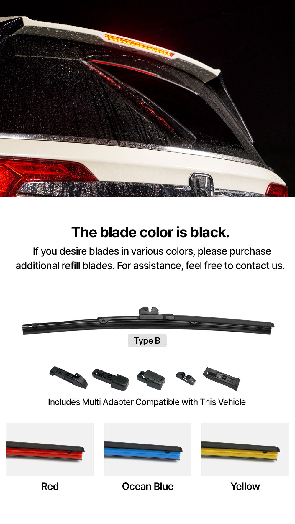 KIMBLADE Rear Wiper Type B black blade with multi adapter and optional colored refills red ocean blue yellow