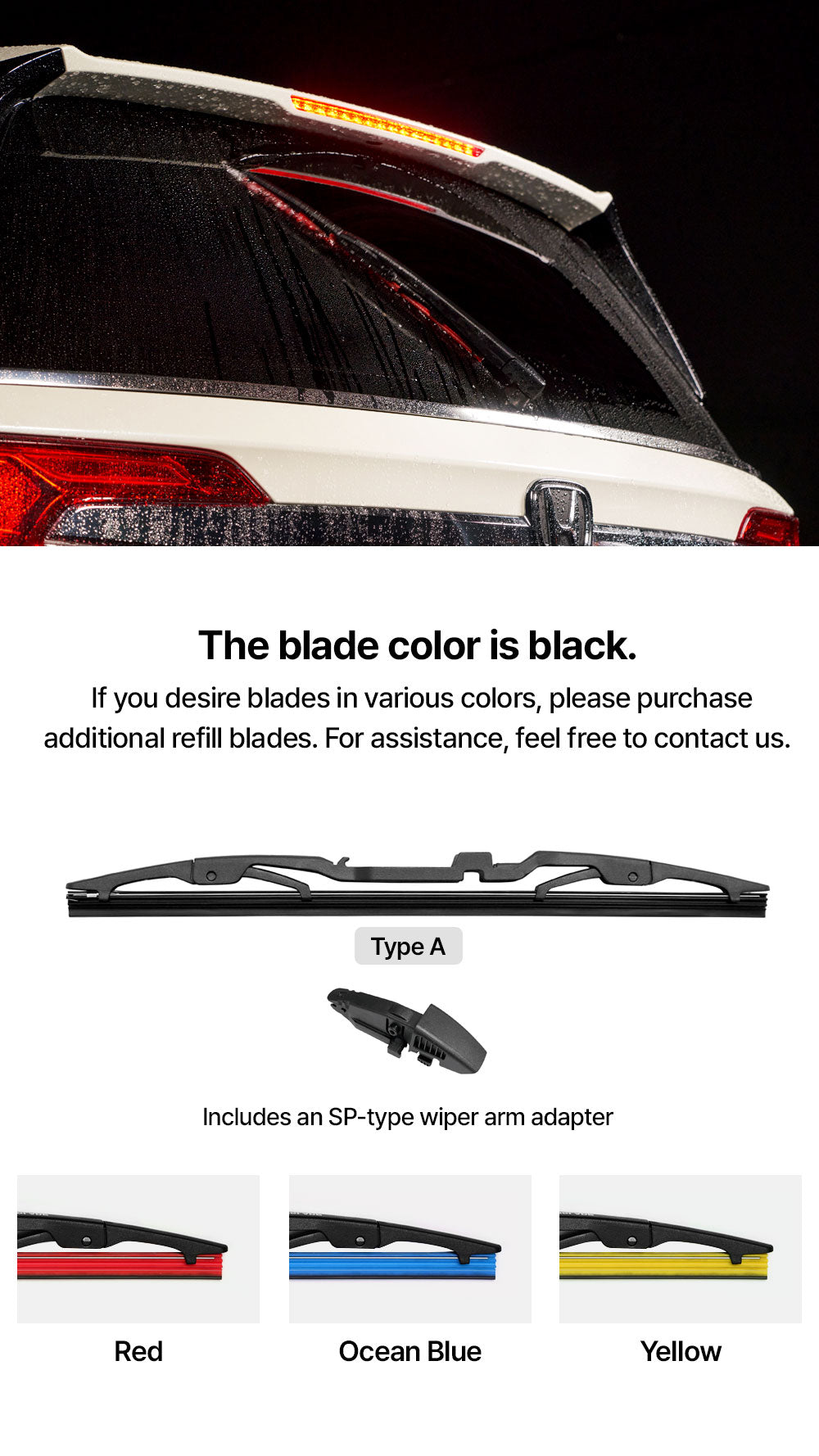 KIMBLADE Rear Wiper Type SP black blade with single adapter and optional colored refills red ocean blue yellow