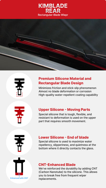 Kimblade rear wiper with premium silicone rectangular blade CNT enhanced for durability water repellency and reduced deformation