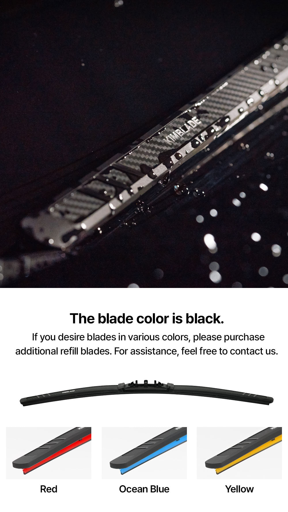 Kimblade wiper blade shown in black with optional refill colors including red ocean blue and yellow for personalized vehicle styling