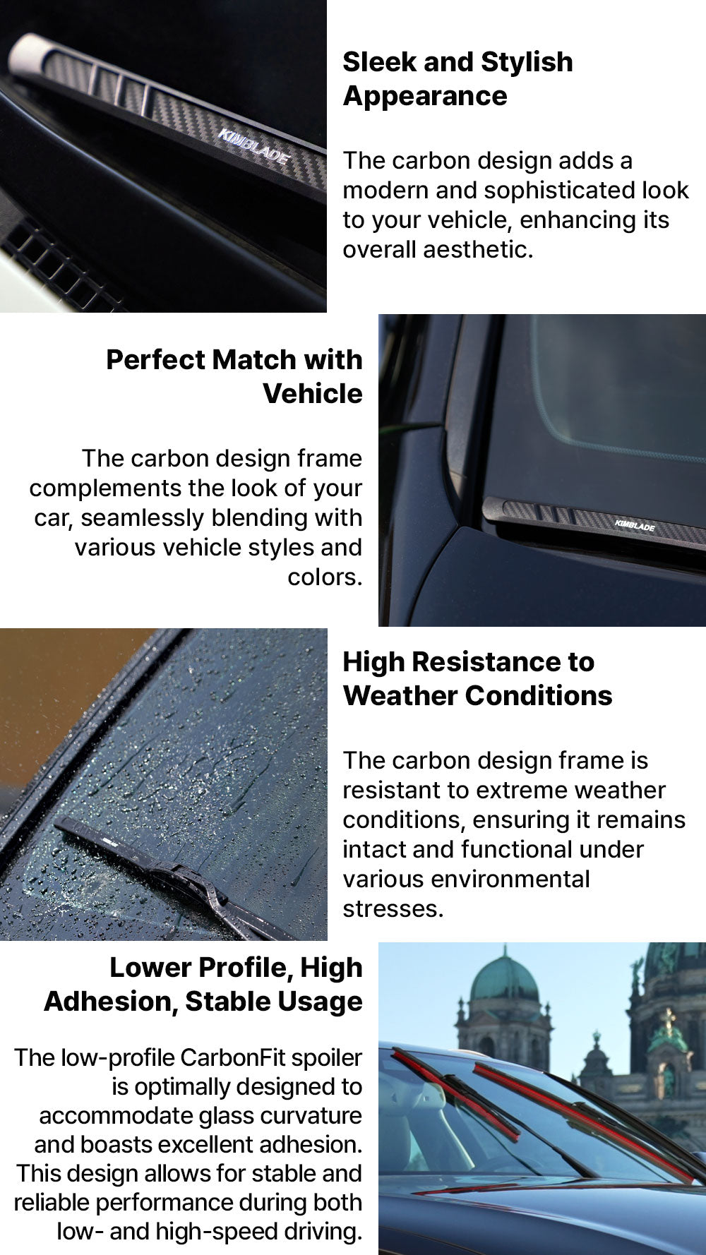 Kimblade CarbonFit wiper offers sleek carbon design matching vehicle style with weather resistance and strong adhesion for stable performance at all speeds