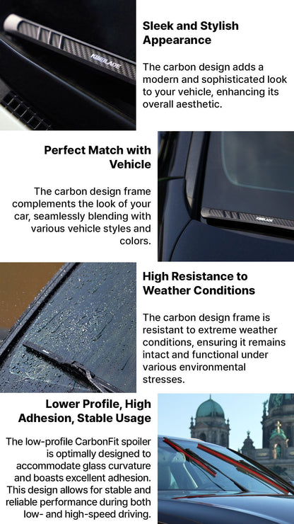 Kimblade CarbonFit wiper offers sleek carbon design matching vehicle style with weather resistance and strong adhesion for stable performance at all speeds