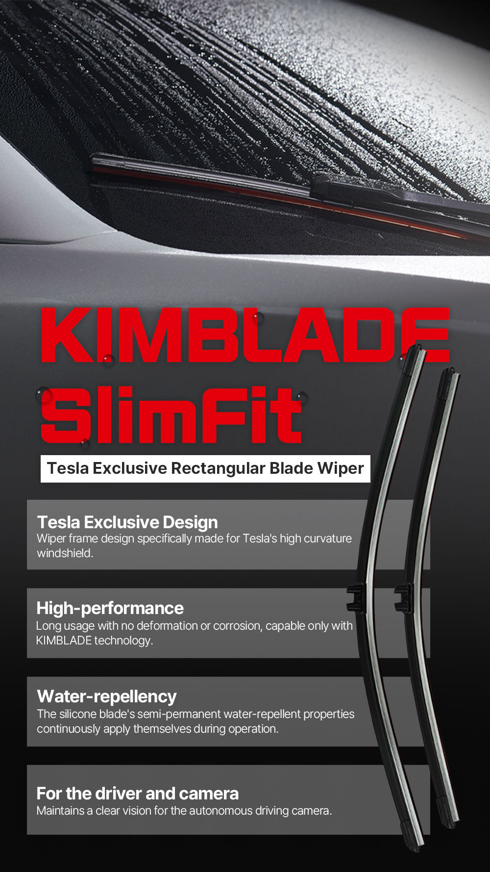 KIMBLADE SlimFit wiper designed for Tesla's curved windshield offers durability and water repellency enhancing visibility for driver and camera