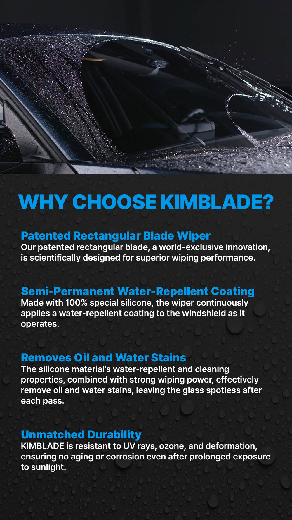 Kimblade offers patented rectangular wipers with superior wiping performance water repellency oil stain removal and durability against UV rays and deformation